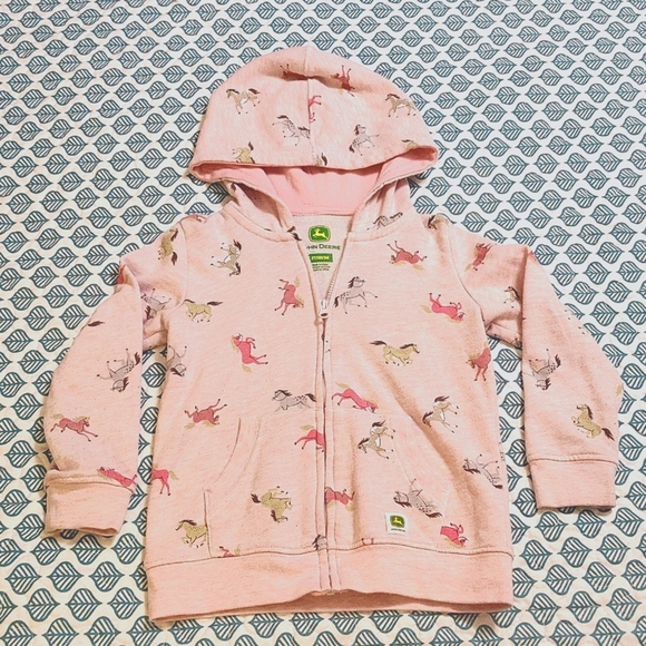 John Deere Pink Jacket Zip Up Toddler Girl 3T Hooded Front Pocket Horse Print - Picture 1 of 6